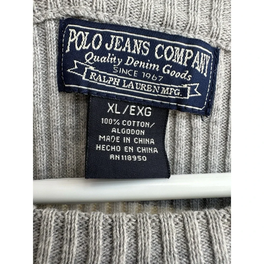 Vintage Polo Jeans Co. Ralph Lauren‎ XL Gray Ribbed Cotton Sweater w/ Flag Logo